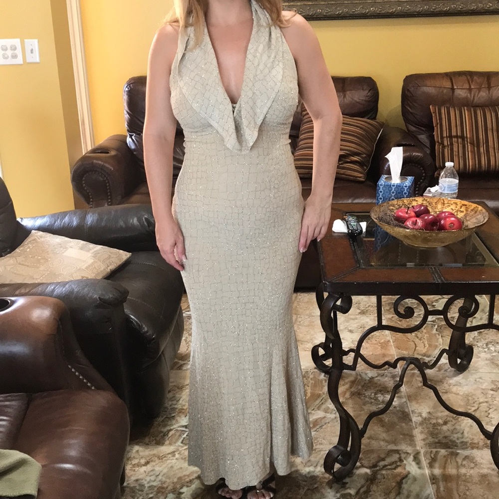 Beige and gold glitter prom dress